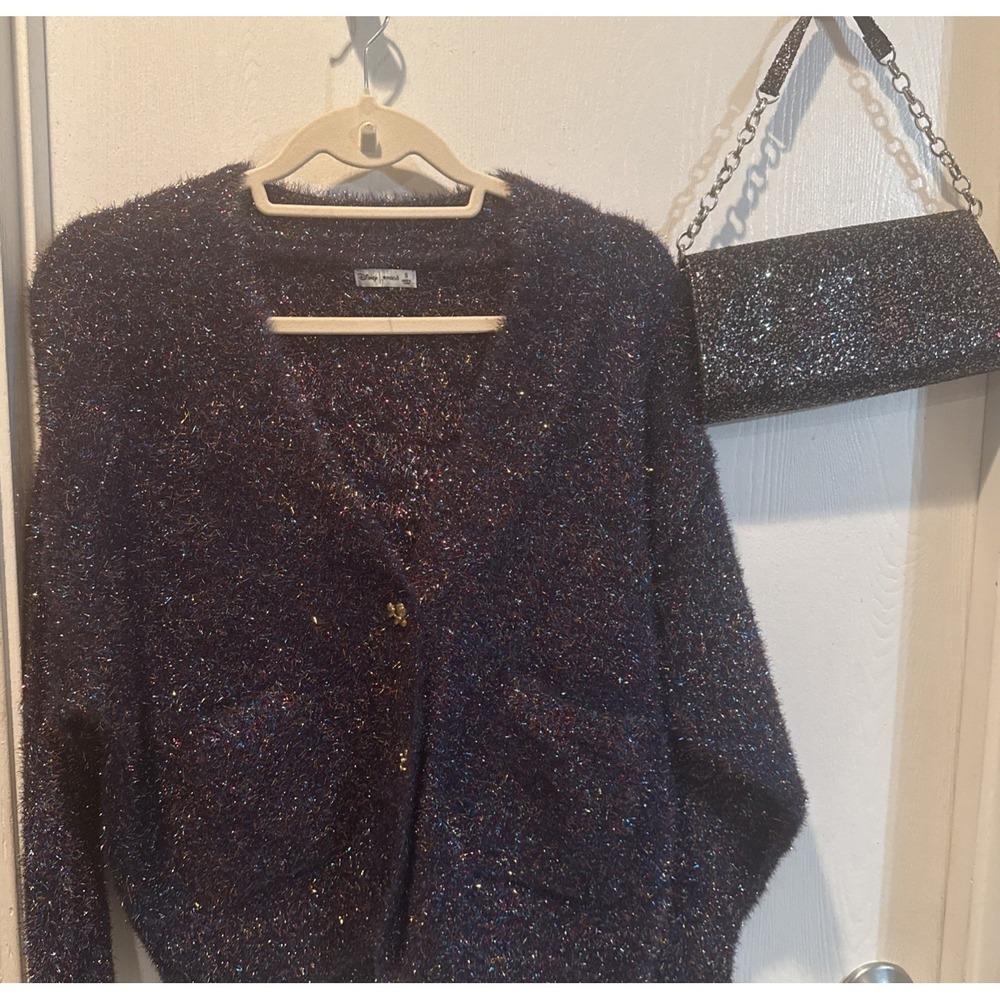 Disney /Macy's Cardigan Jr. Small Purple Eyelash Knit Sweater w Matching Clutch